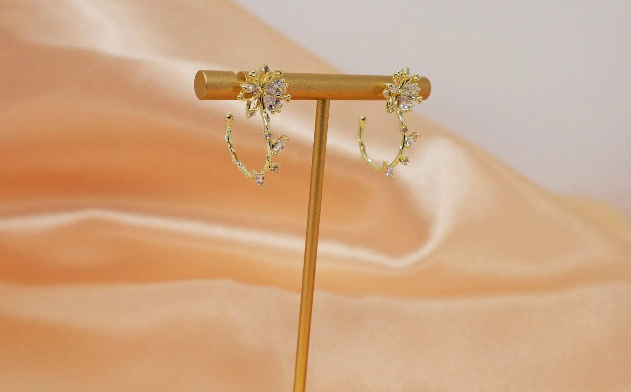 14k Real Gold Crystal Leaves, Flower Exquisite Bridal Earrings, Statement Earrings, Stud Earrings