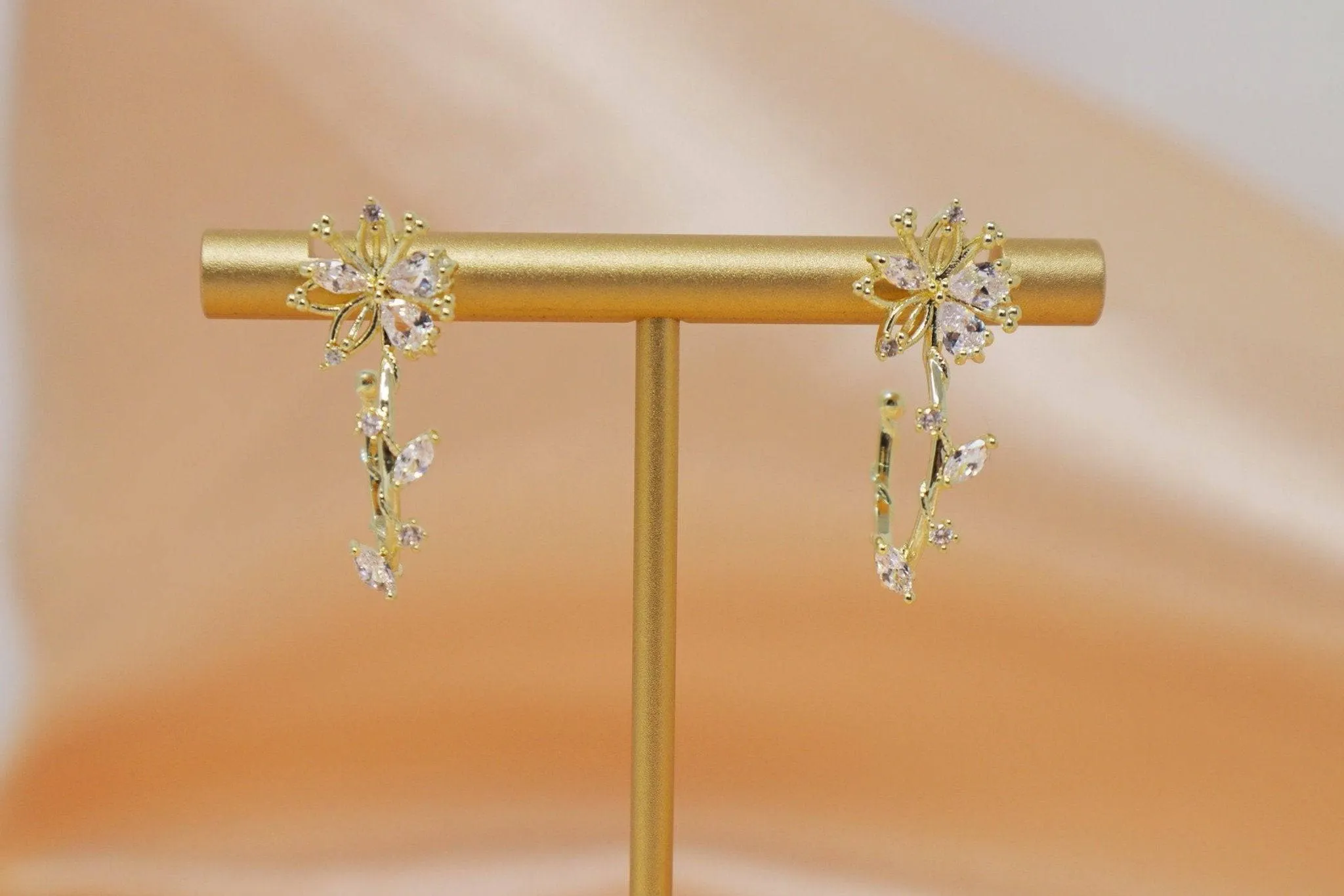 14k Real Gold Crystal Leaves, Flower Exquisite Bridal Earrings, Statement Earrings, Stud Earrings