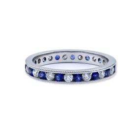 14K WHITE GOLD MILGRAIN CHANNEL SET DIAMOND AND SAPPHIRE ETERNITY BAND