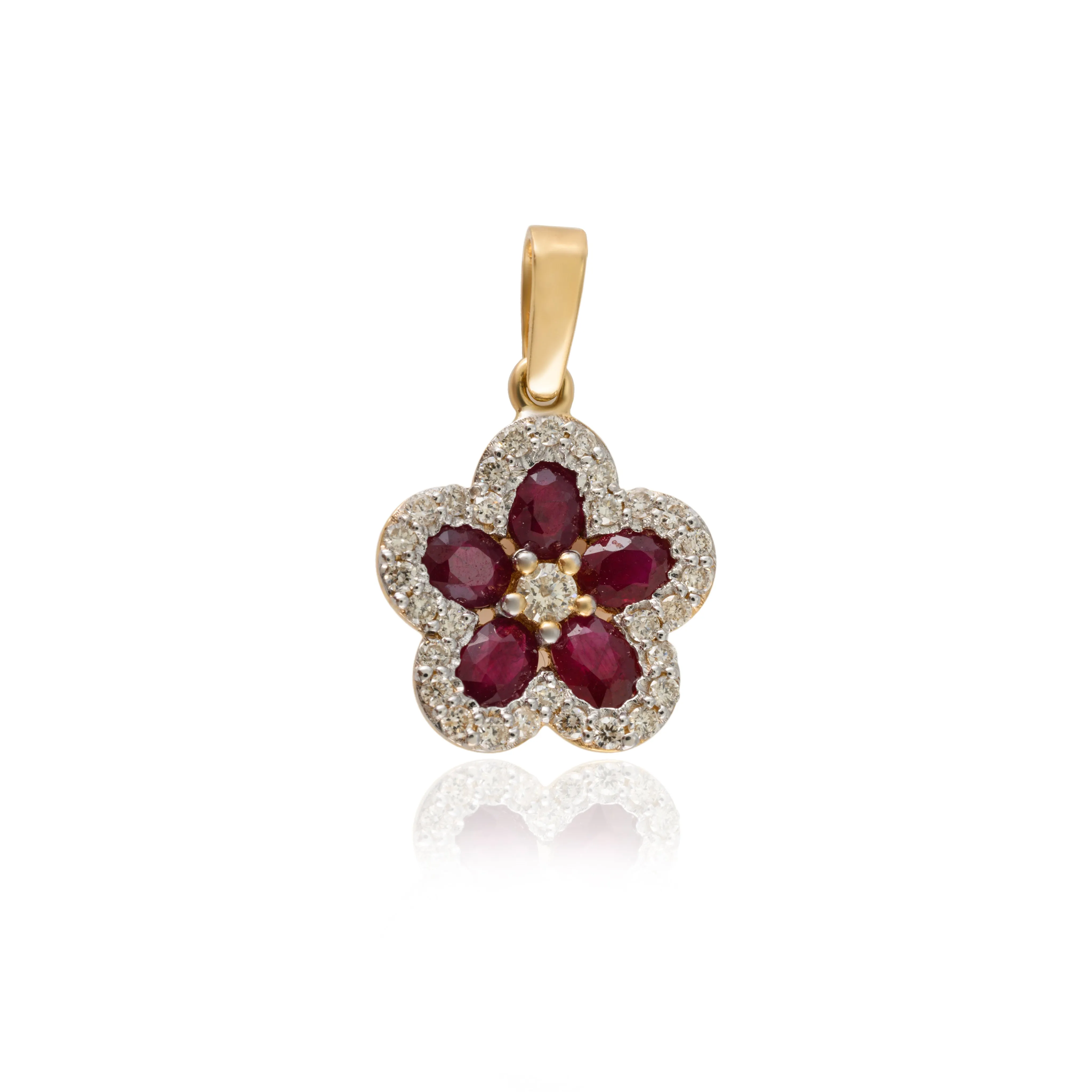 18K Gold Ruby Cherry Blossom Flower Pendant