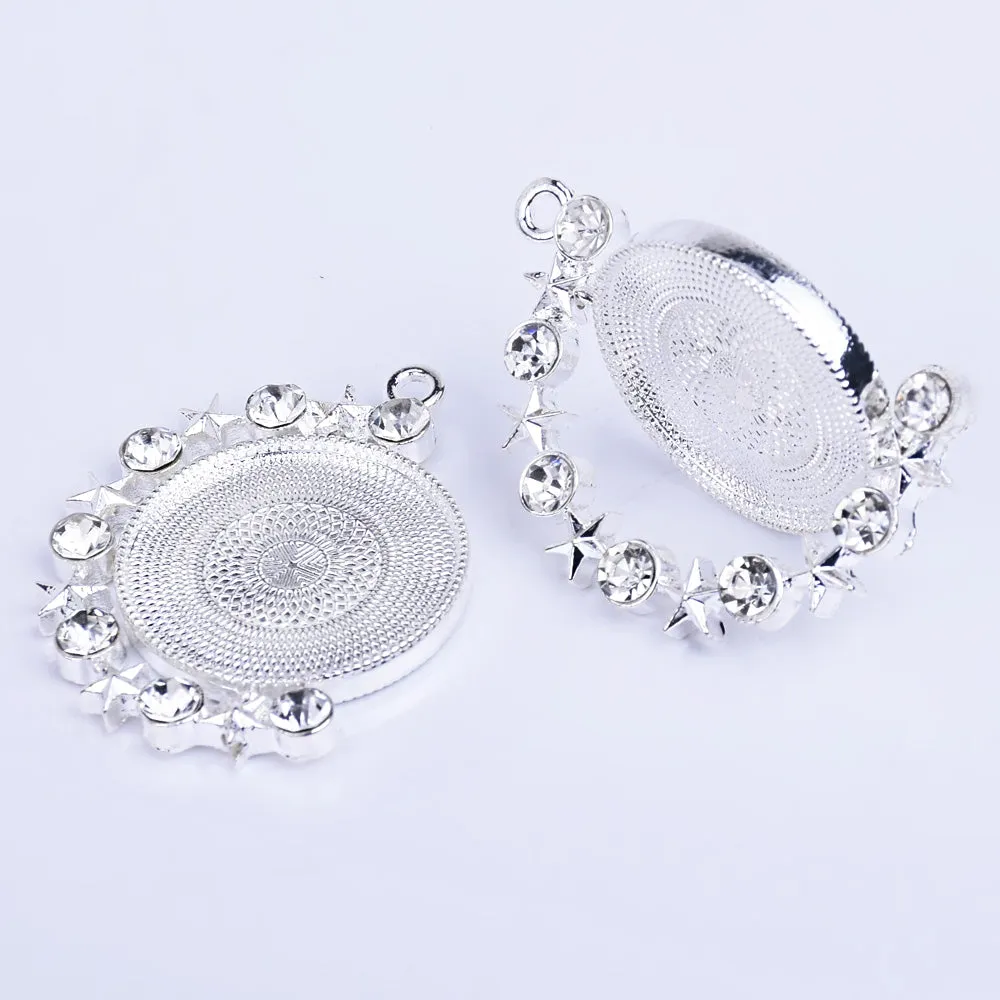 25mm Zinc alloy Round Pendant Tray Double Side Round Pendant Blanks with Rhinestones Blank Settings Wholesale plated silver 10pcs