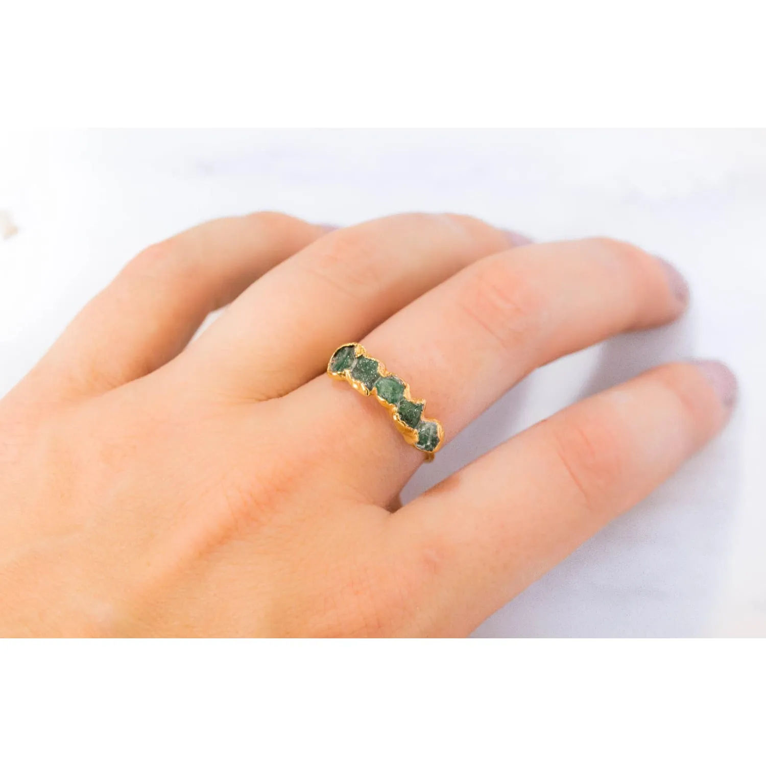 5 Stone Raw Emerald Ring in Rose Gold