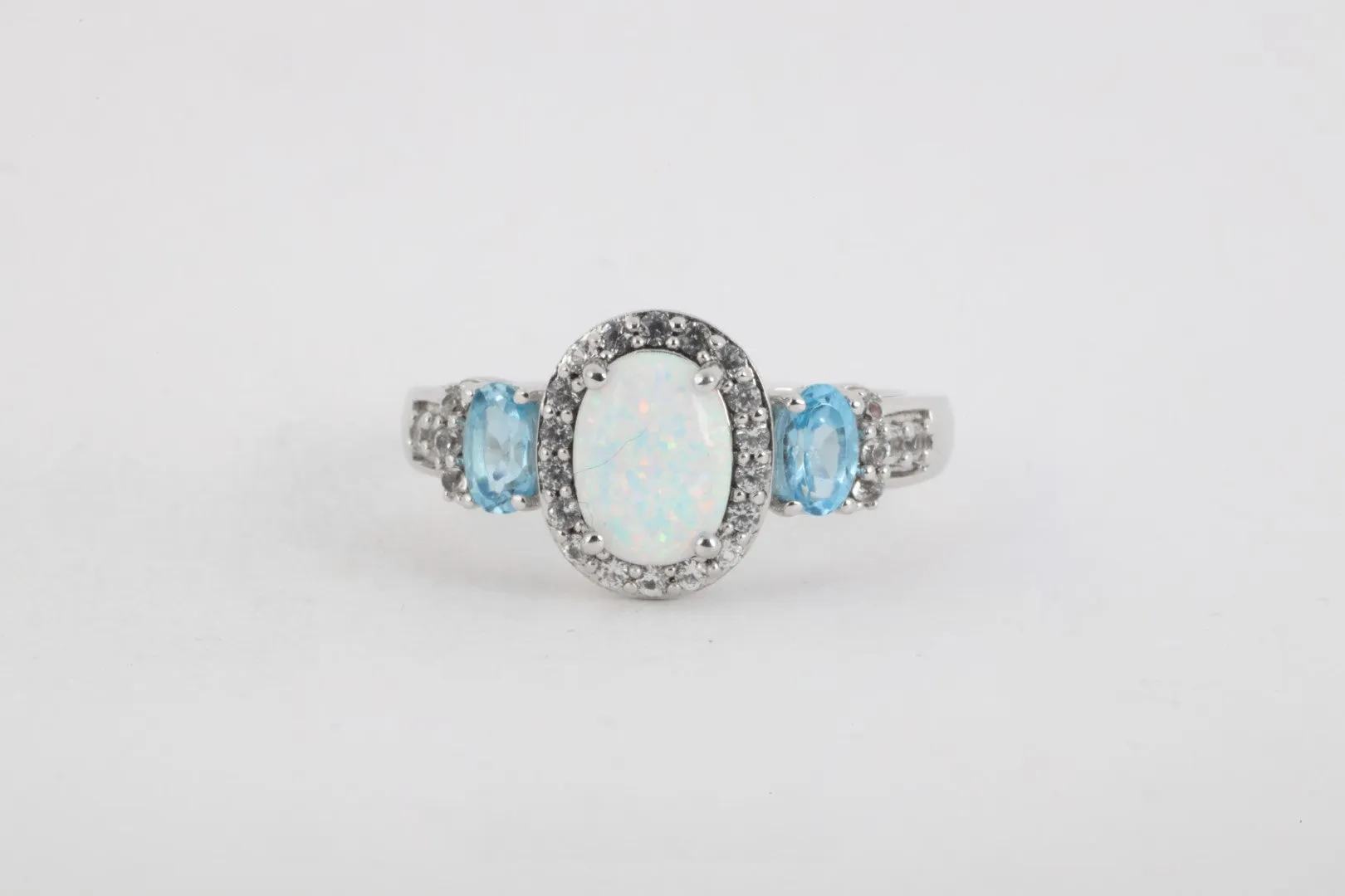 925 Silver 1.07tcw Opal 0.33tcw Blue Topaz 0.28tcw Diamond Ring Size 7 (3.51g.)