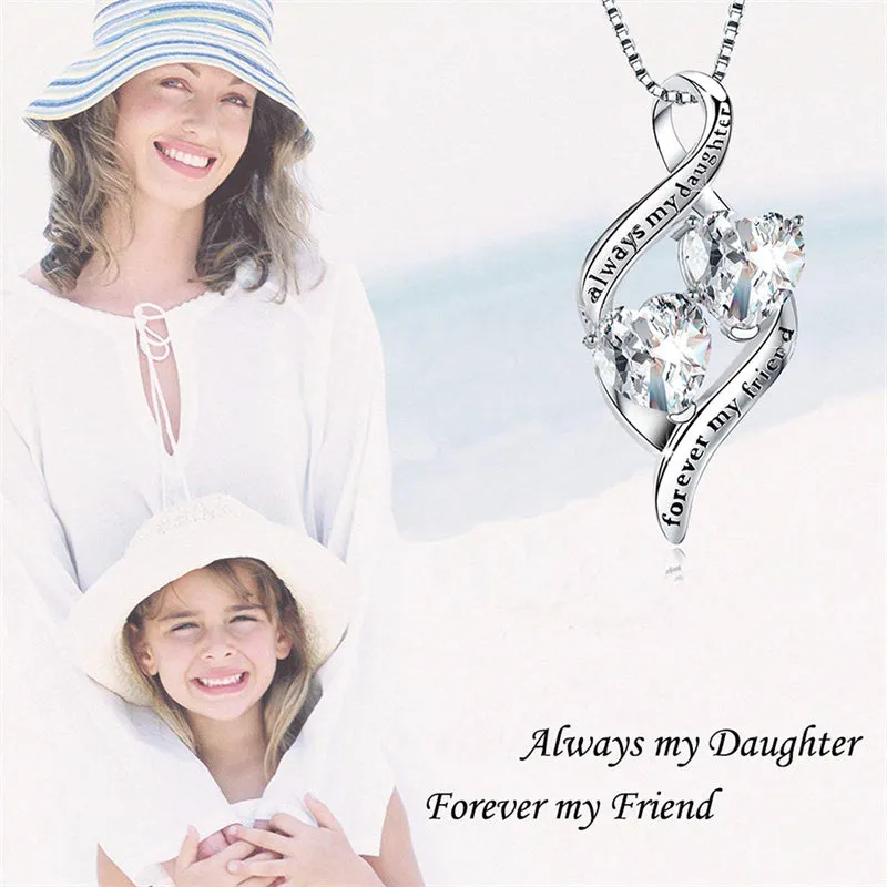 925 Sterling Silver Always My Daughter&Sister Double Love Heart Pendant Necklace Gifts for Sister Women