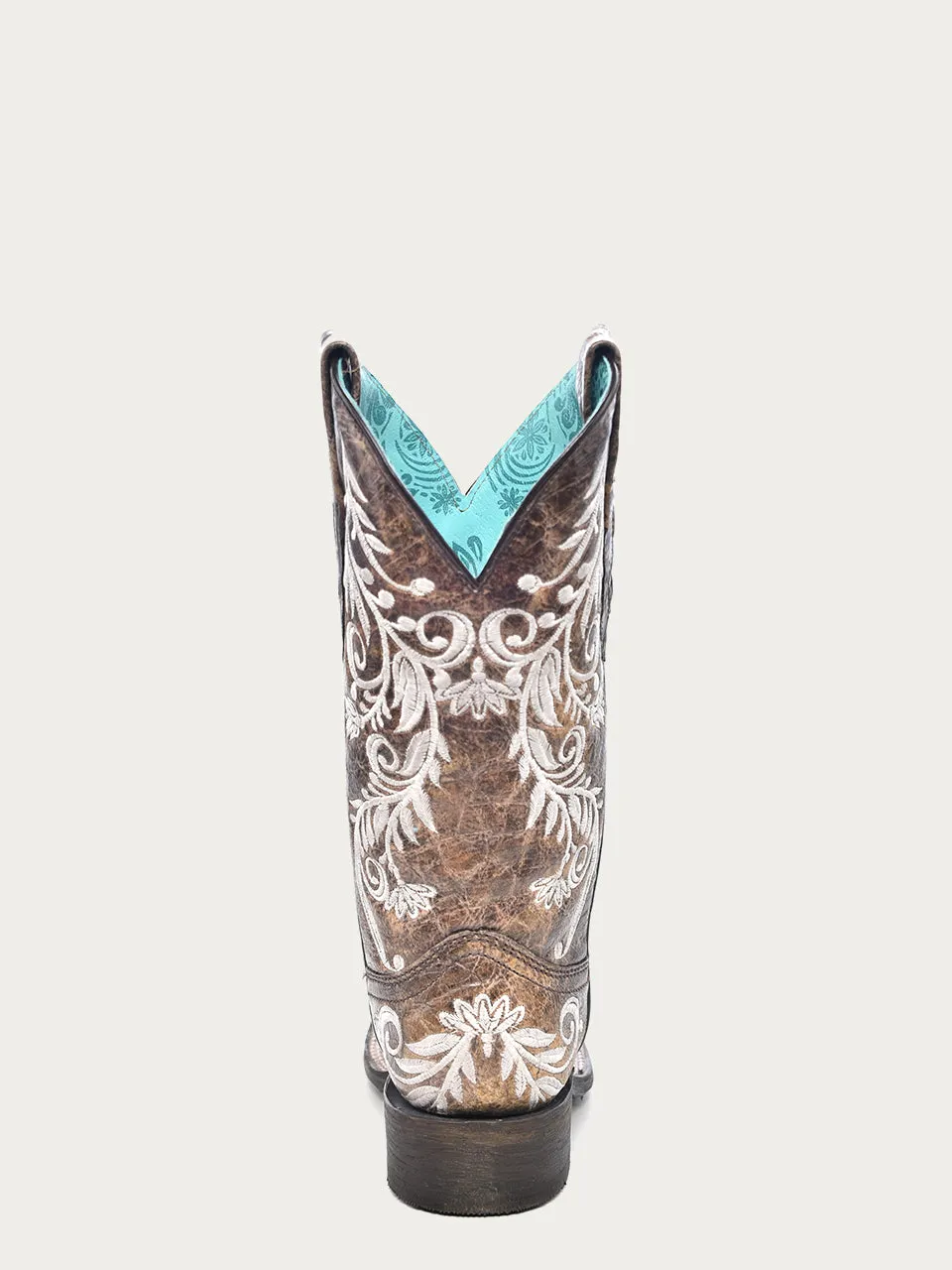 A4063 - WOMEN'S GLOW IN THE DARK WHITE FEATHERED FLORAL EMBROIDERY BROWN SQUARE TOE COWBOY BOOT