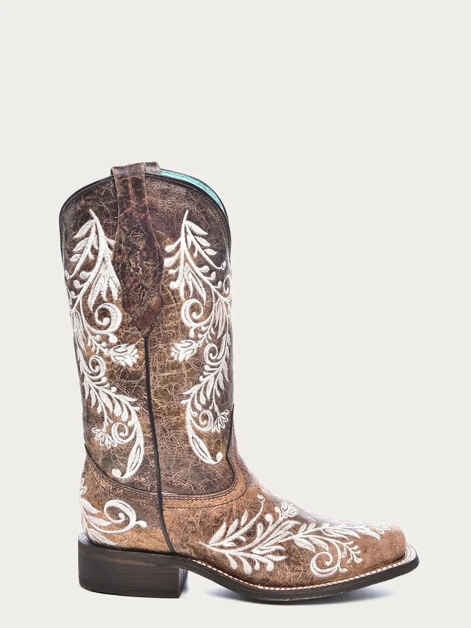 A4063 - WOMEN'S GLOW IN THE DARK WHITE FEATHERED FLORAL EMBROIDERY BROWN SQUARE TOE COWBOY BOOT