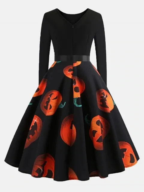 Adorable Print Patchwork Round Collar Long Sleeves Wide Dress