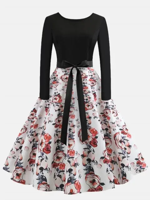 Adorable Print Patchwork Round Collar Long Sleeves Wide Dress