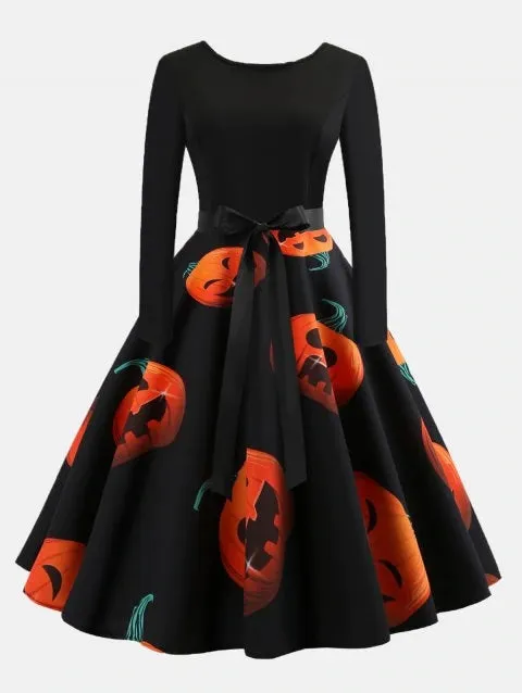 Adorable Print Patchwork Round Collar Long Sleeves Wide Dress