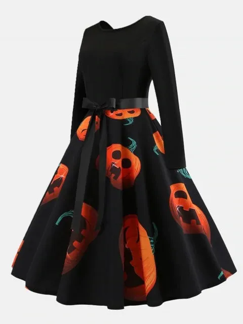 Adorable Print Patchwork Round Collar Long Sleeves Wide Dress