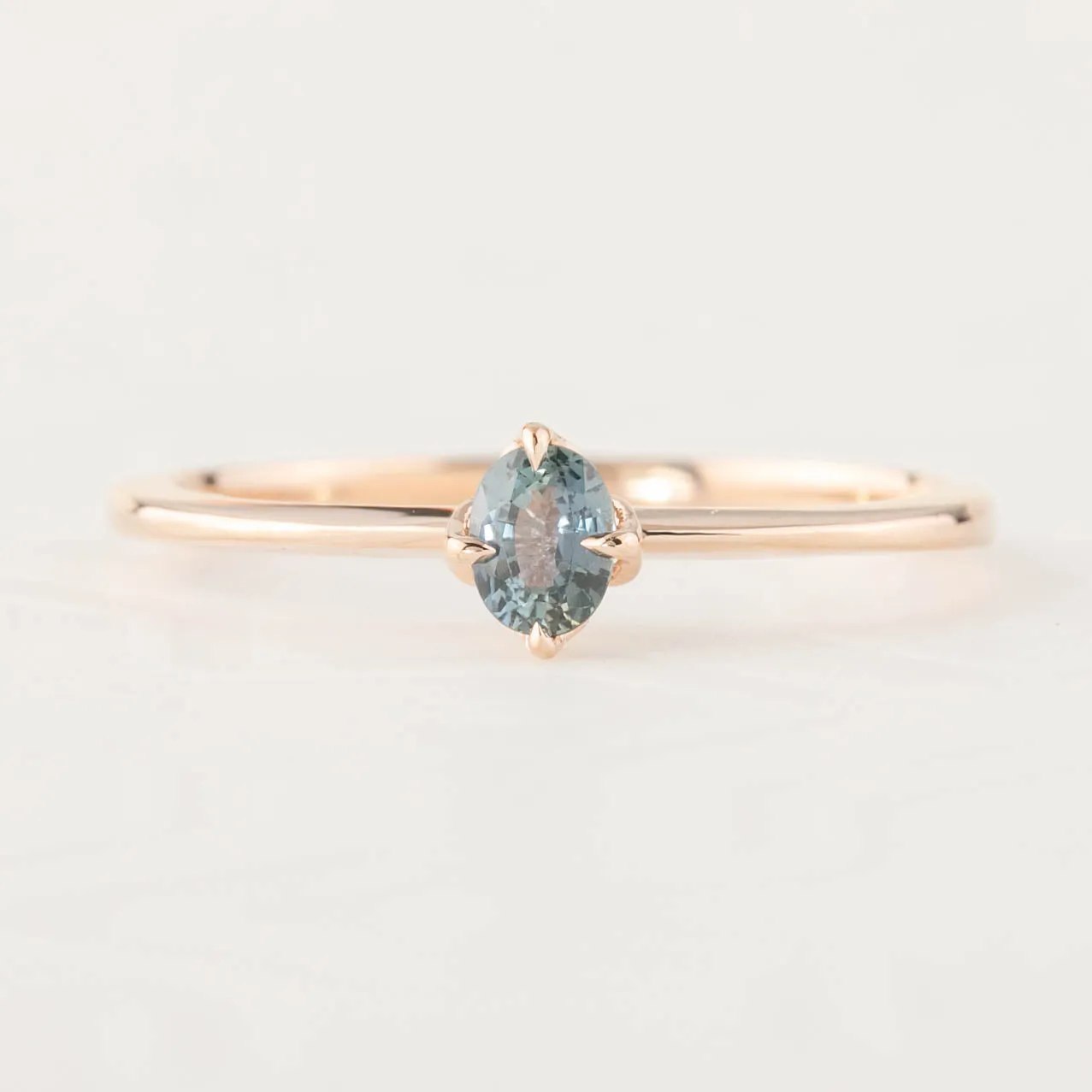 Alice Ring 4x3mm 0.25ct Unheated Blue-Green Sapphire, 14k Rose Gold