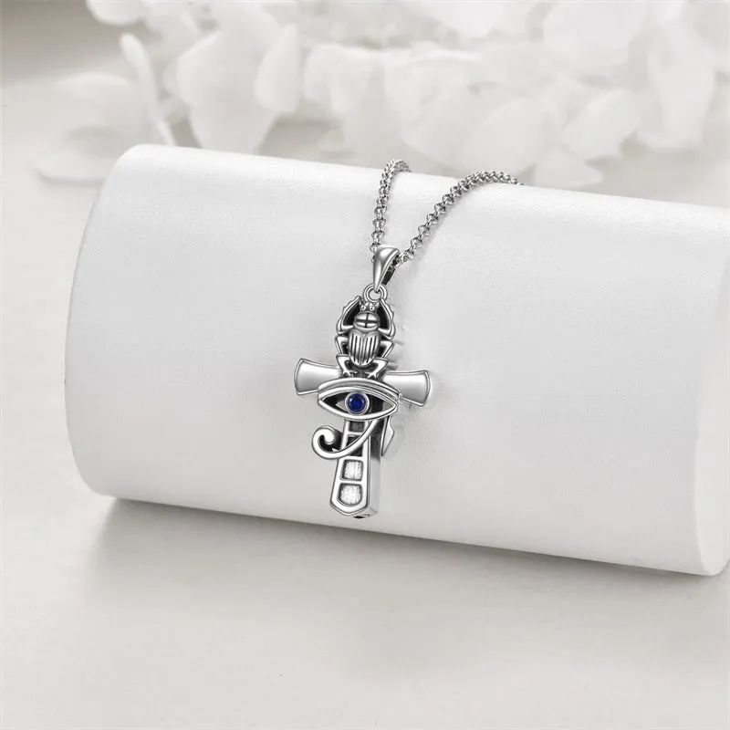 Ankh Cross Necklace Sterling Silver Eye of Horus Pendant Egyptian Religious Protection Jewelry Gifts for Women Men