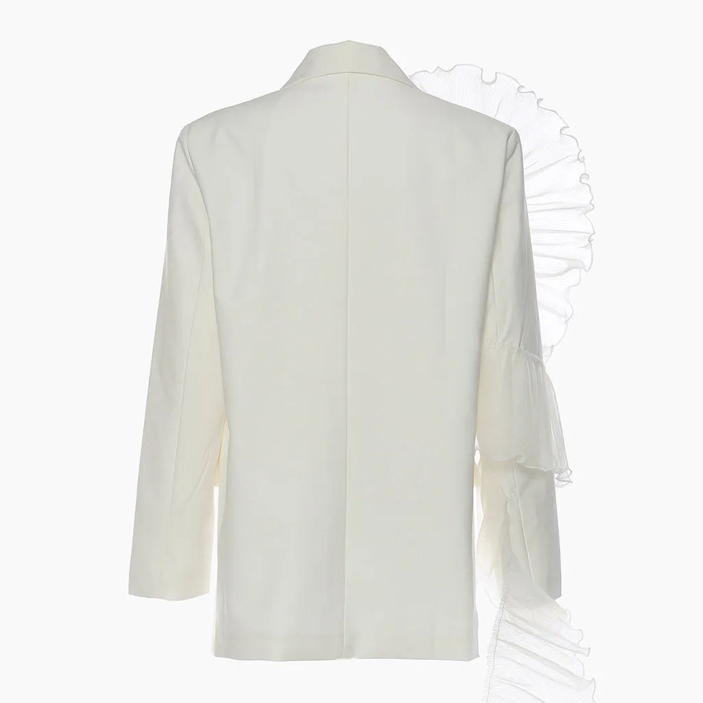 Asymmetric Ruffle Trim Lapel Collar Single Breasted Oversized Blazer - White