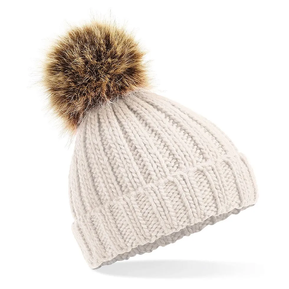 Beechfield Children's Chunky Beanie Hat - Fur Pom Pom