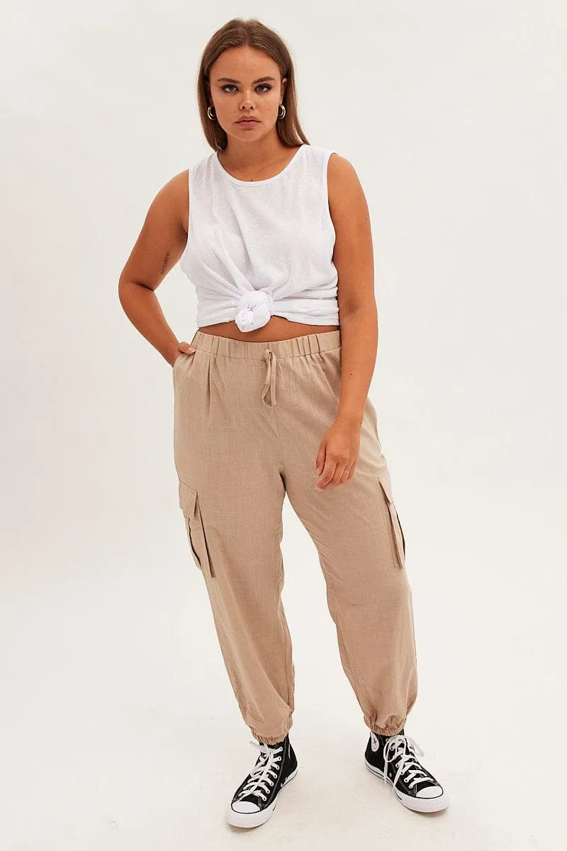 Beige Cargo Pants Elastic Waist Cotton Flap Pocket