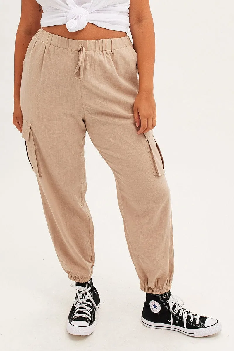 Beige Cargo Pants Elastic Waist Cotton Flap Pocket