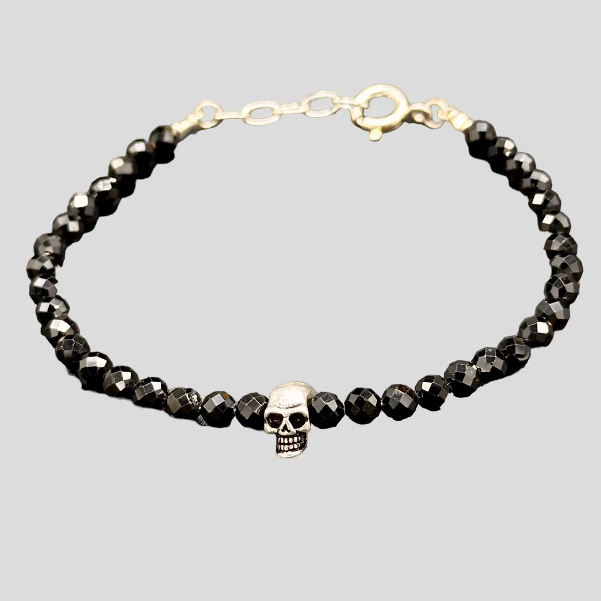 Black Spinel gemstone and Sterling Silver Skull Bracelet