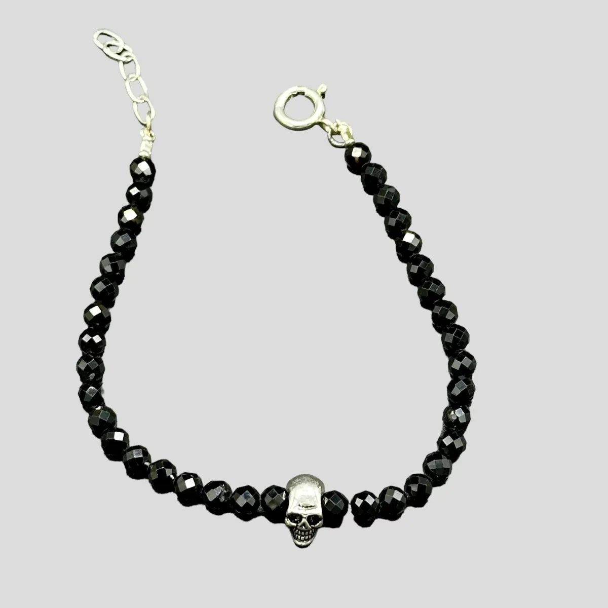 Black Spinel gemstone and Sterling Silver Skull Bracelet