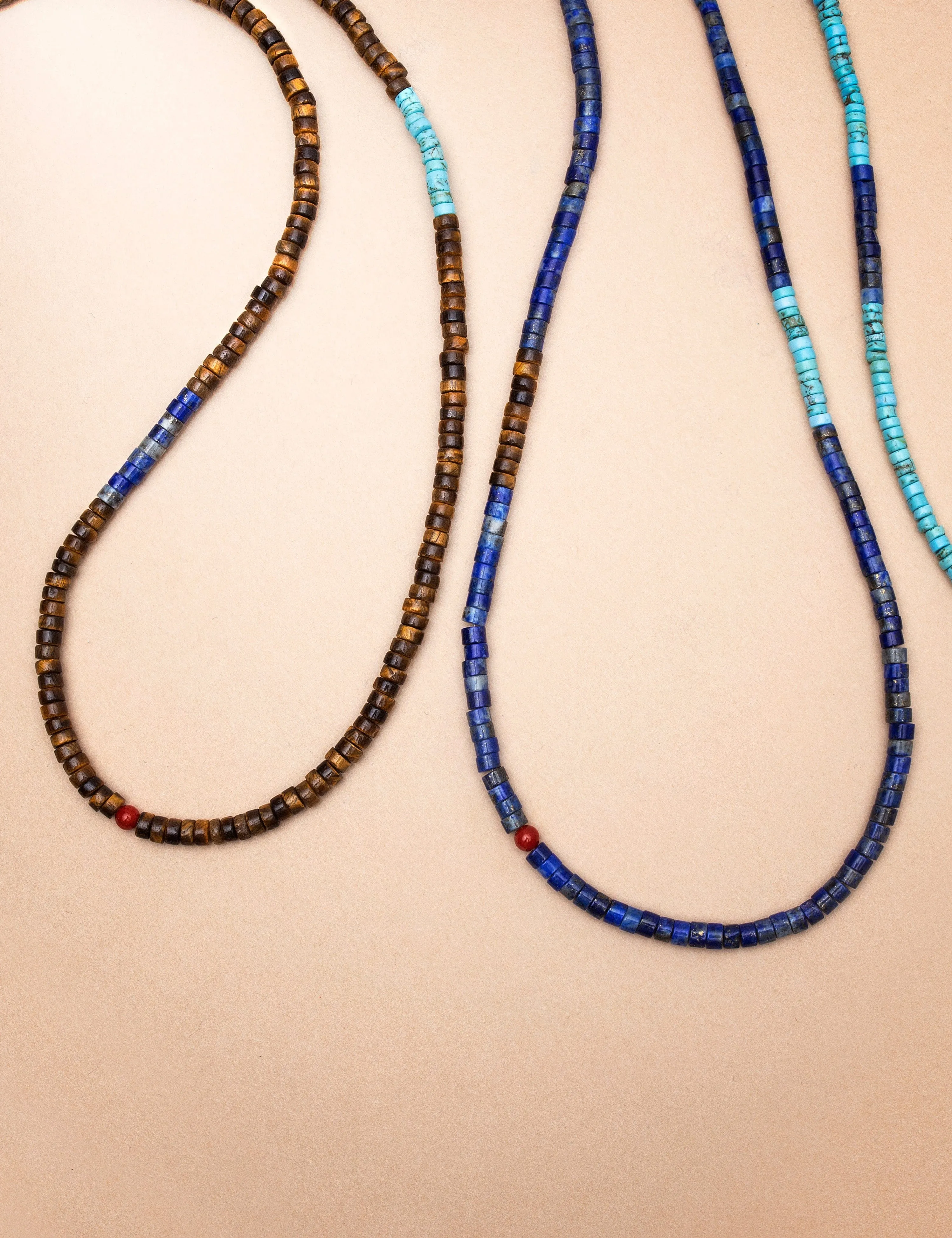 Blue Lapis Heishi Necklace with Tiger Eye and Turquoise