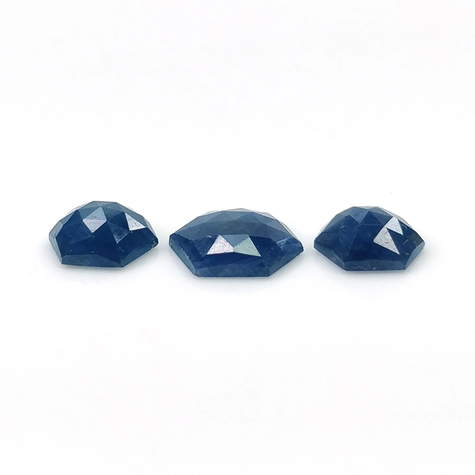 BLUE SAPPHIRE Gemstone Rose Cut : 8.05cts Natural Untreated Unheated Sapphire Hexagon Shape 9.2*8mm - 11*9.5mm 3pcs (With Video)