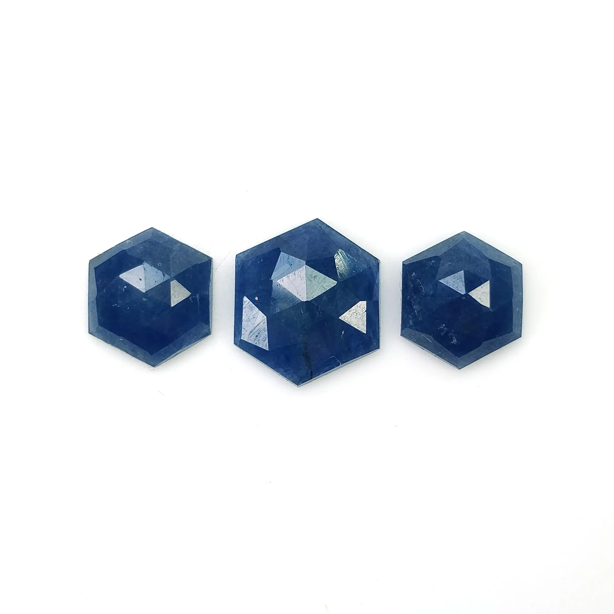 BLUE SAPPHIRE Gemstone Rose Cut : 8.05cts Natural Untreated Unheated Sapphire Hexagon Shape 9.2*8mm - 11*9.5mm 3pcs (With Video)