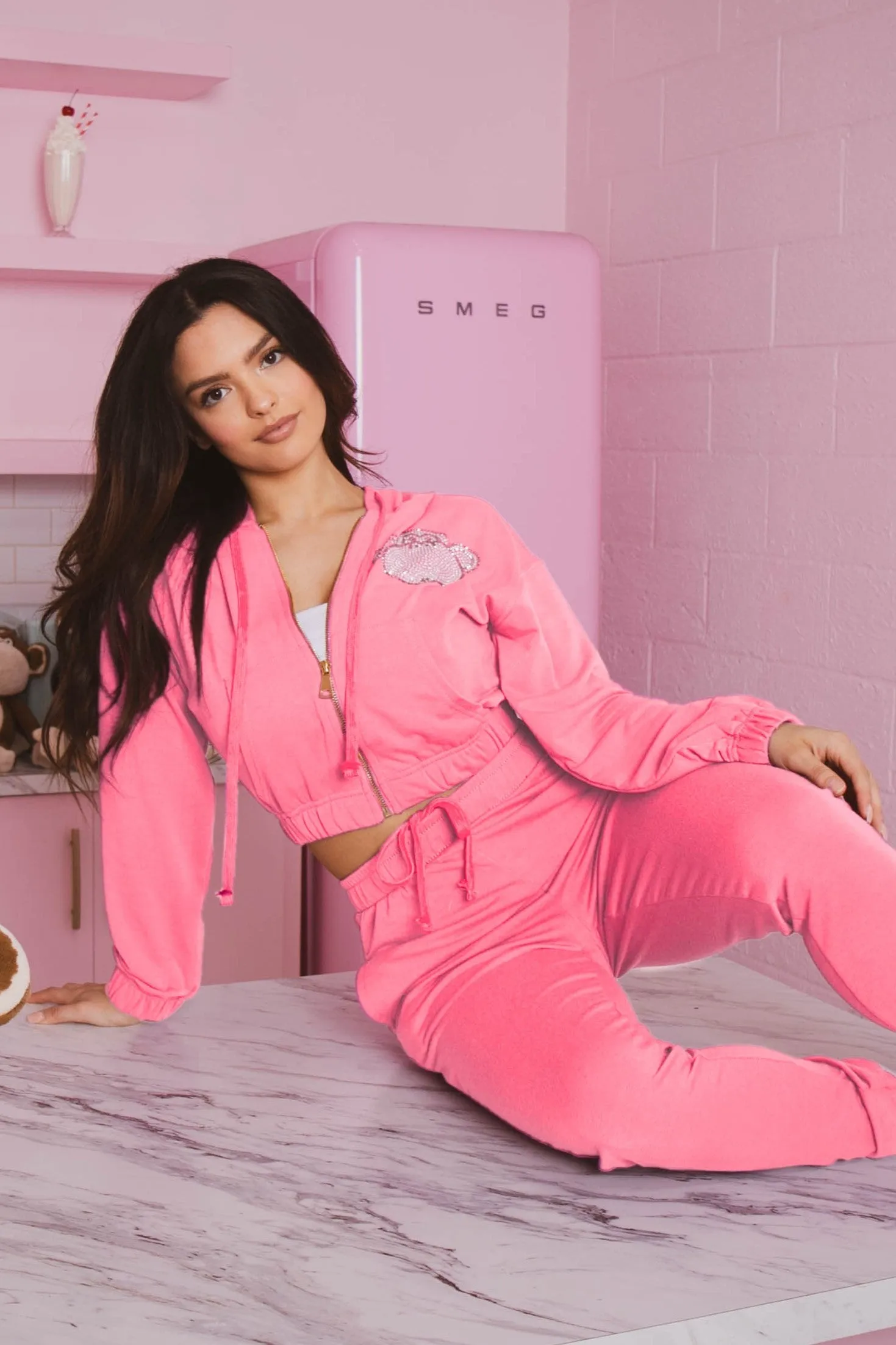 Bobby Jack Rhinestone Hoodie & Pant Set  - Pink