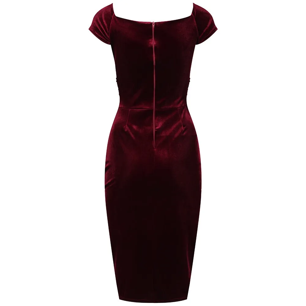 Claret Red Velour Crossover Wiggle Dress