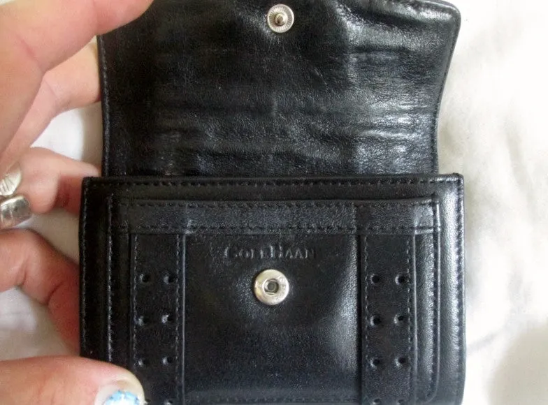 COLE HAAN Mini Signature Leather Flap Purse Wallet Pouch BLACK Two Buckle