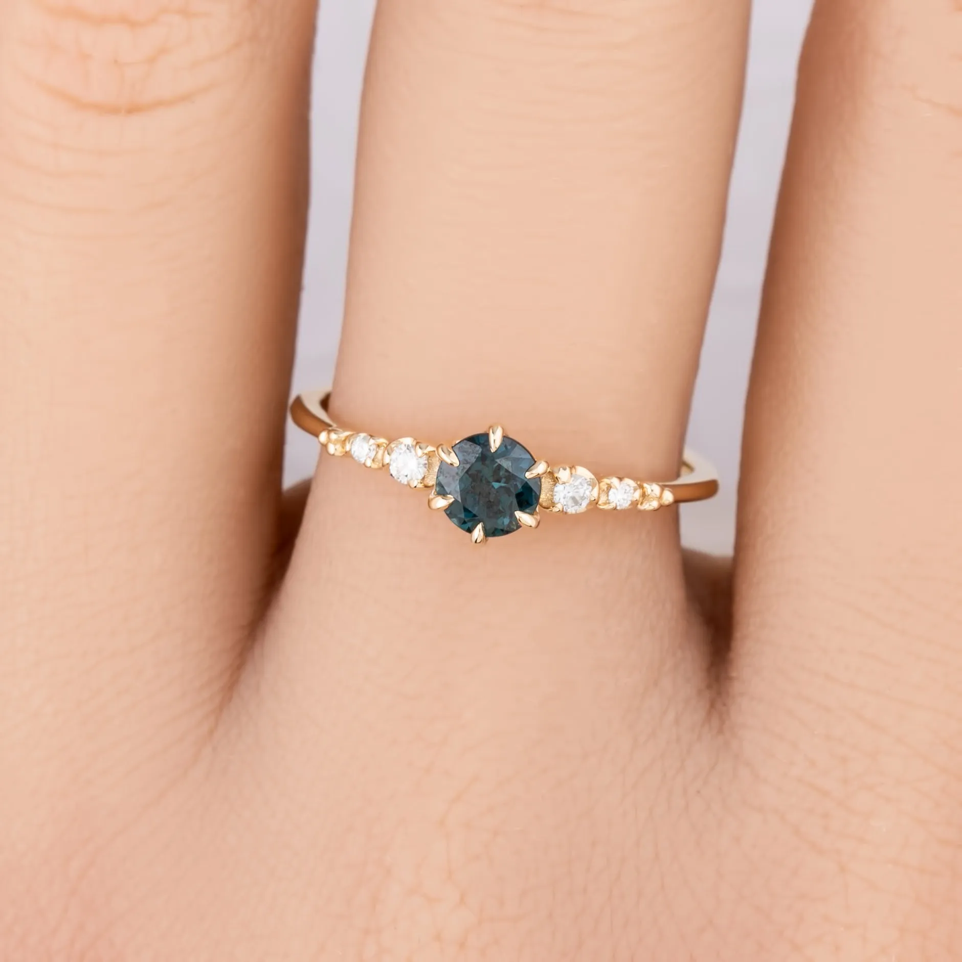 Estel Fleur Ring 5mm Teal Blue Green Round Queensland Sapphire 14K Yellow Gold