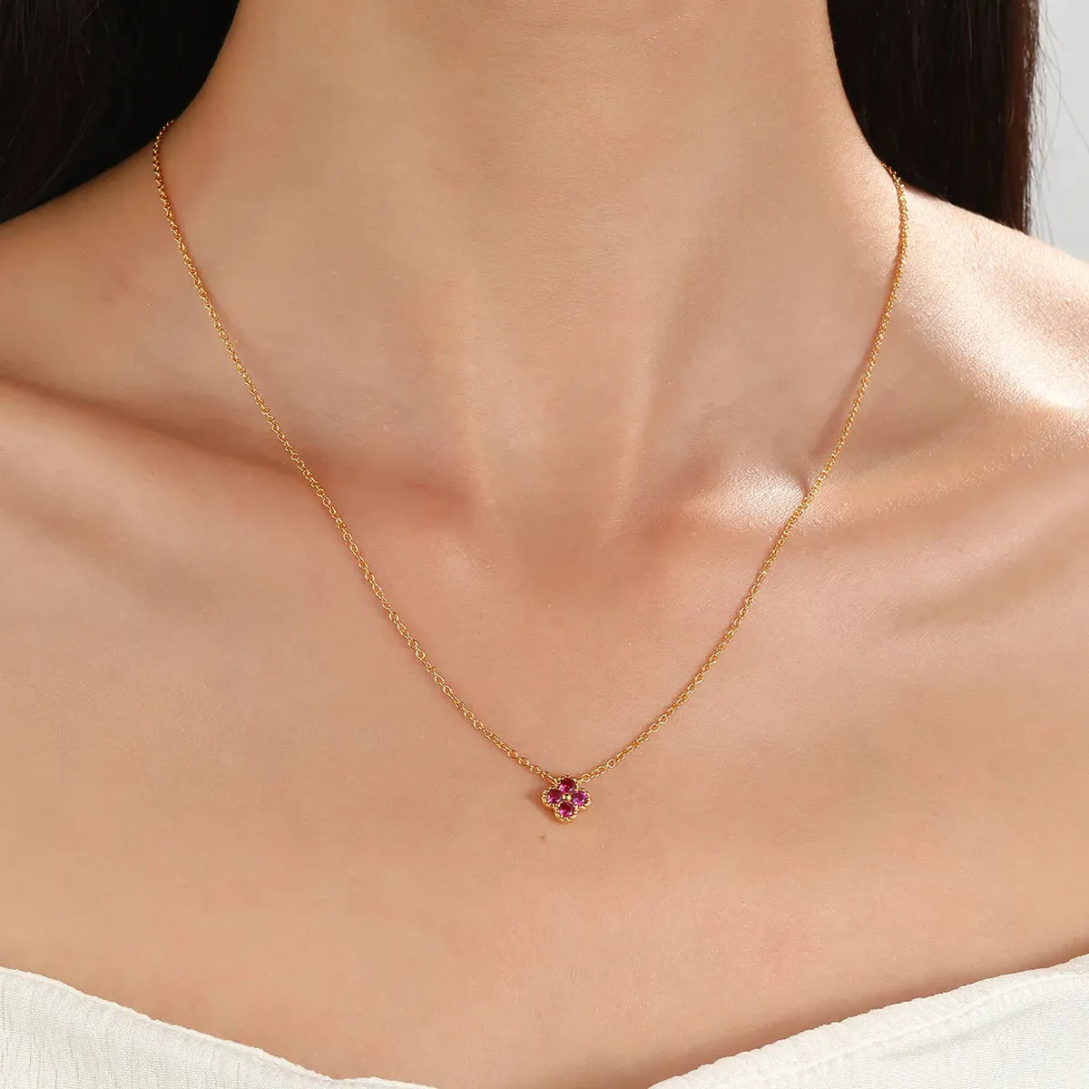 Four-Leaf Ruby Gemstone Necklace