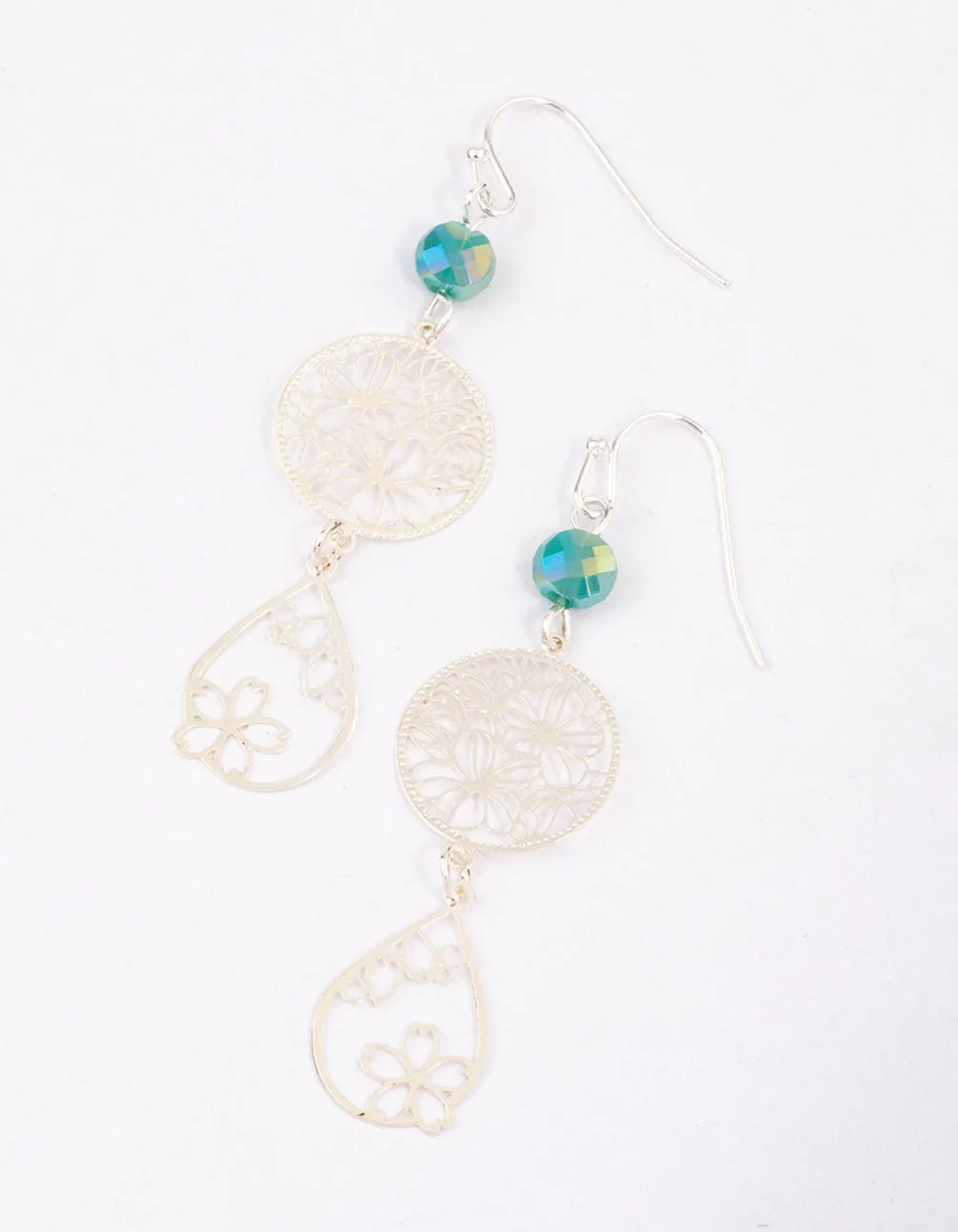 Green Beaded & Filigree Flower Drop Earrings