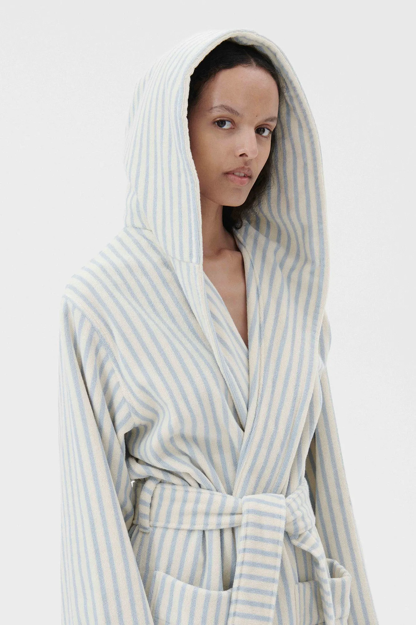 Hooded Bathrobe Soft Blue Stripe