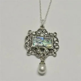 Israeli Roman glass necklace for woman. Amazing Sterling silver necklace set with authentic Roman glass