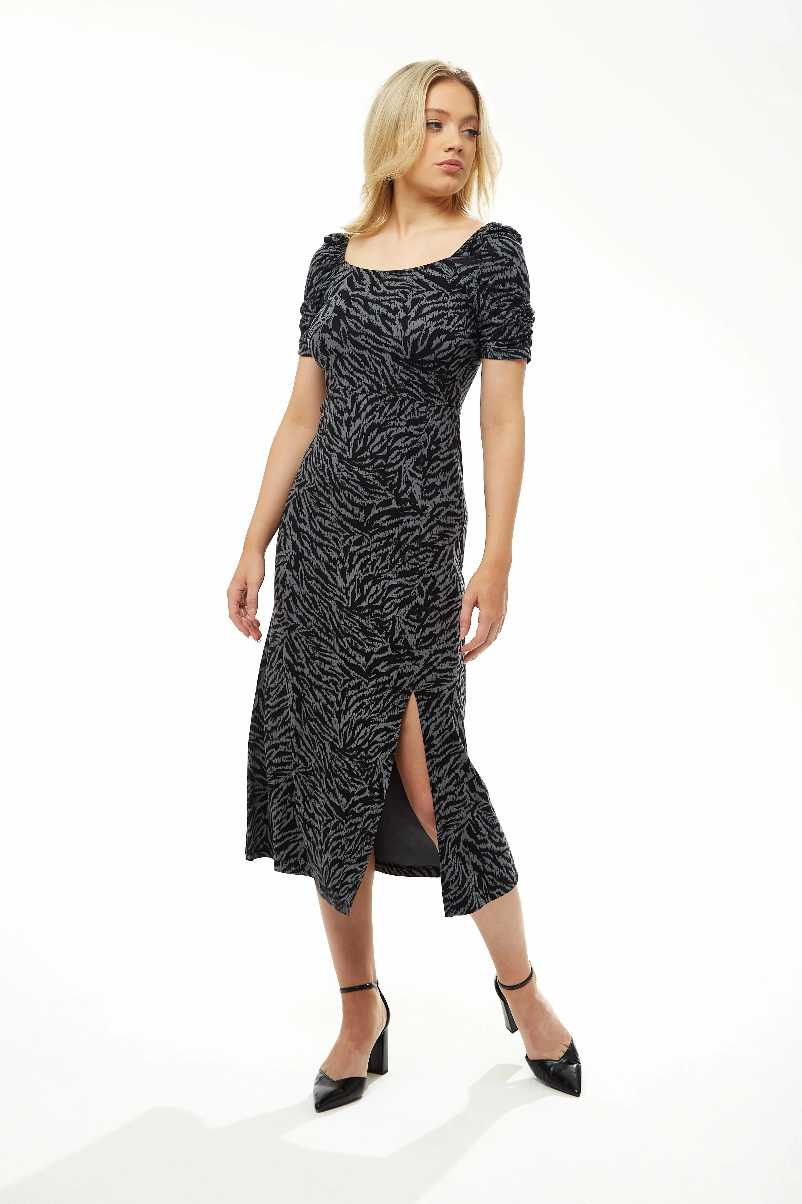 Liquorish Fitted Midi Dress In Black And Grey Zebra Print