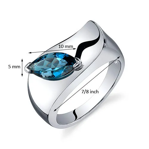 London Blue Topaz Ring Sterling Silver Marquise Shape 1 Carat Size 9