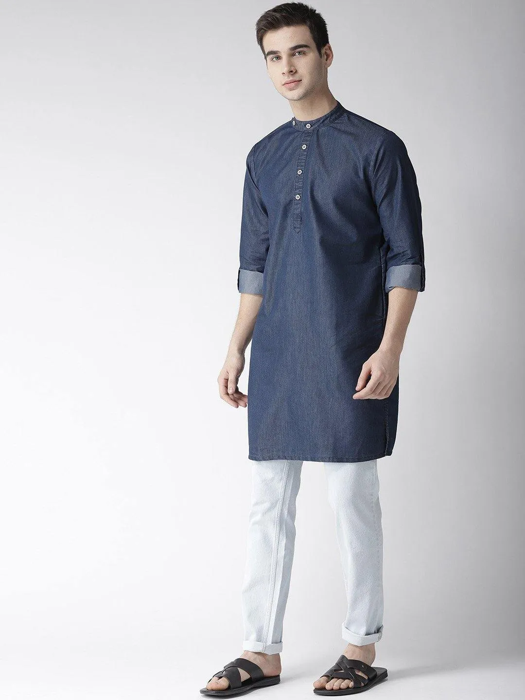 Men Navy Blue Solid Denim Straight Kurta