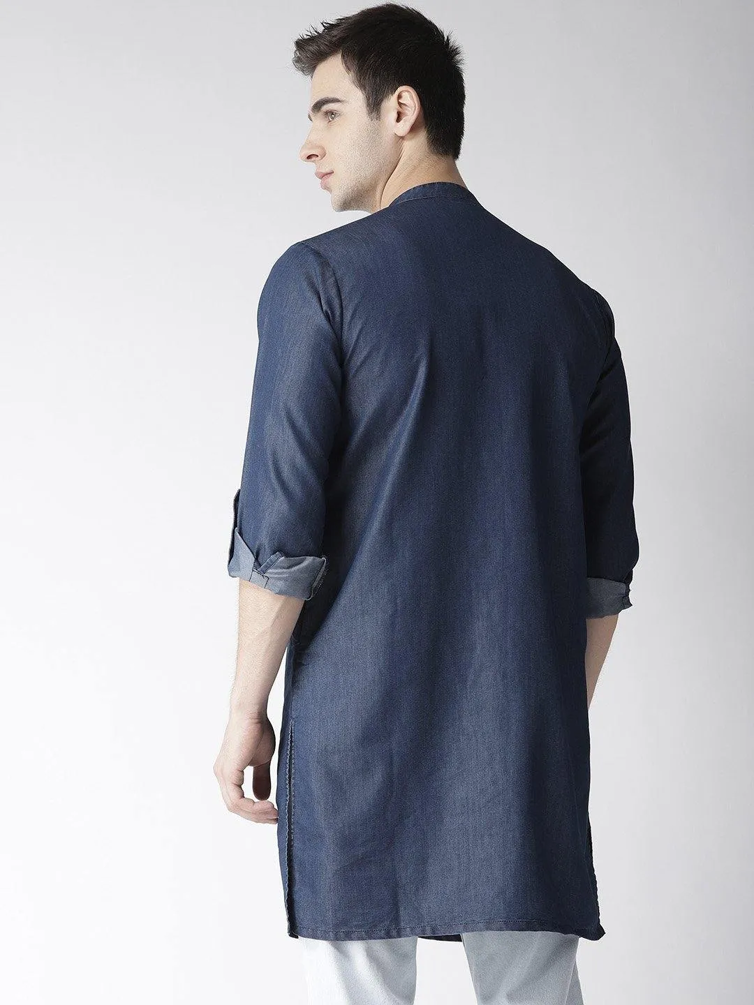 Men Navy Blue Solid Denim Straight Kurta