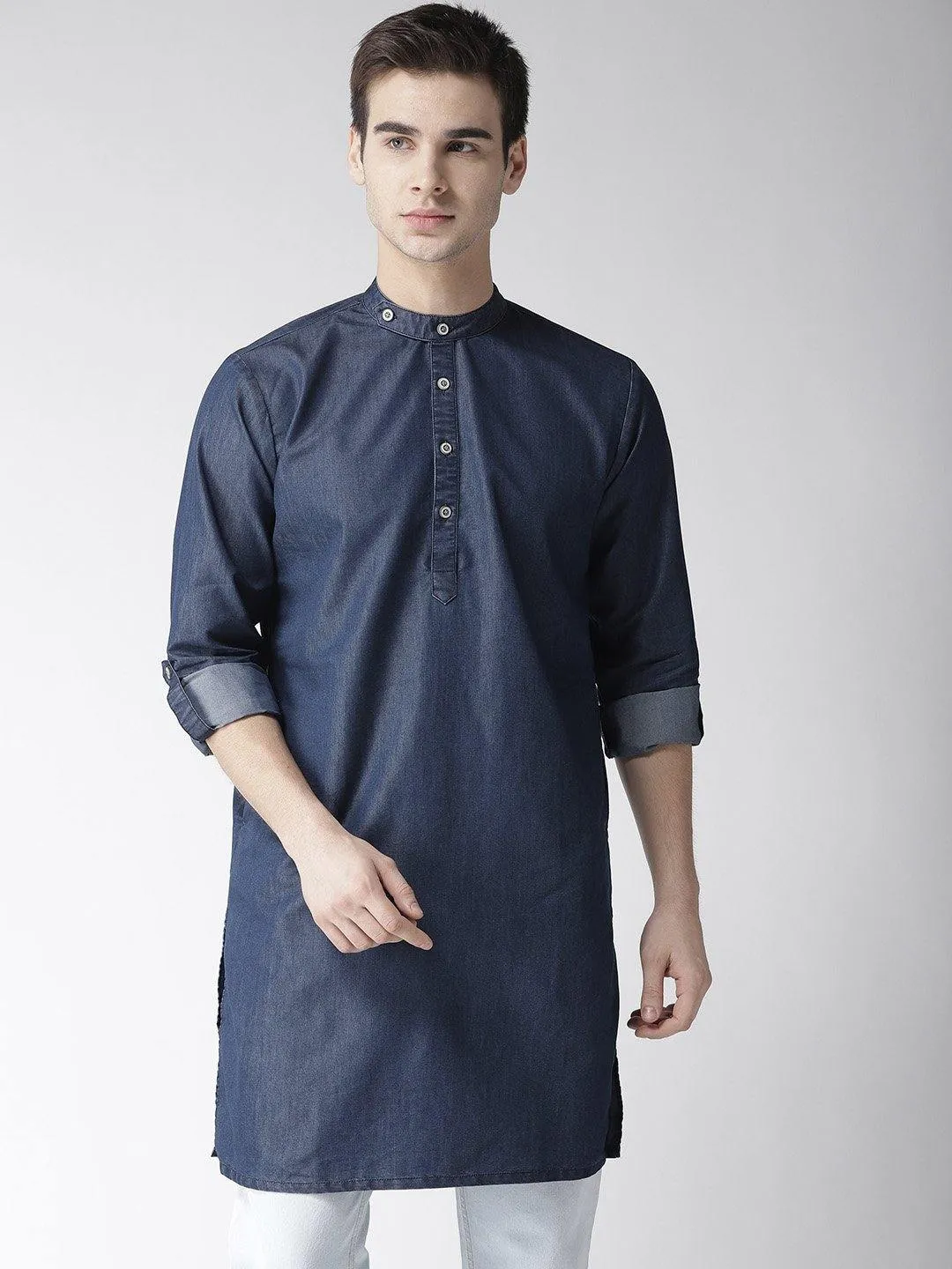 Men Navy Blue Solid Denim Straight Kurta