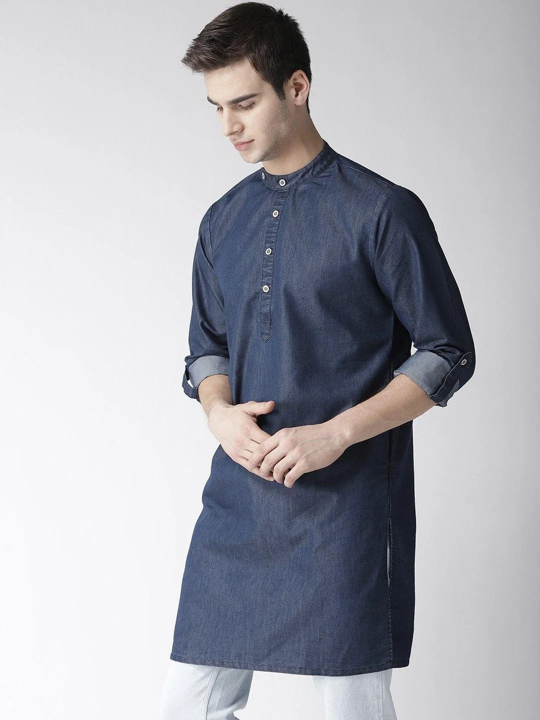 Men Navy Blue Solid Denim Straight Kurta