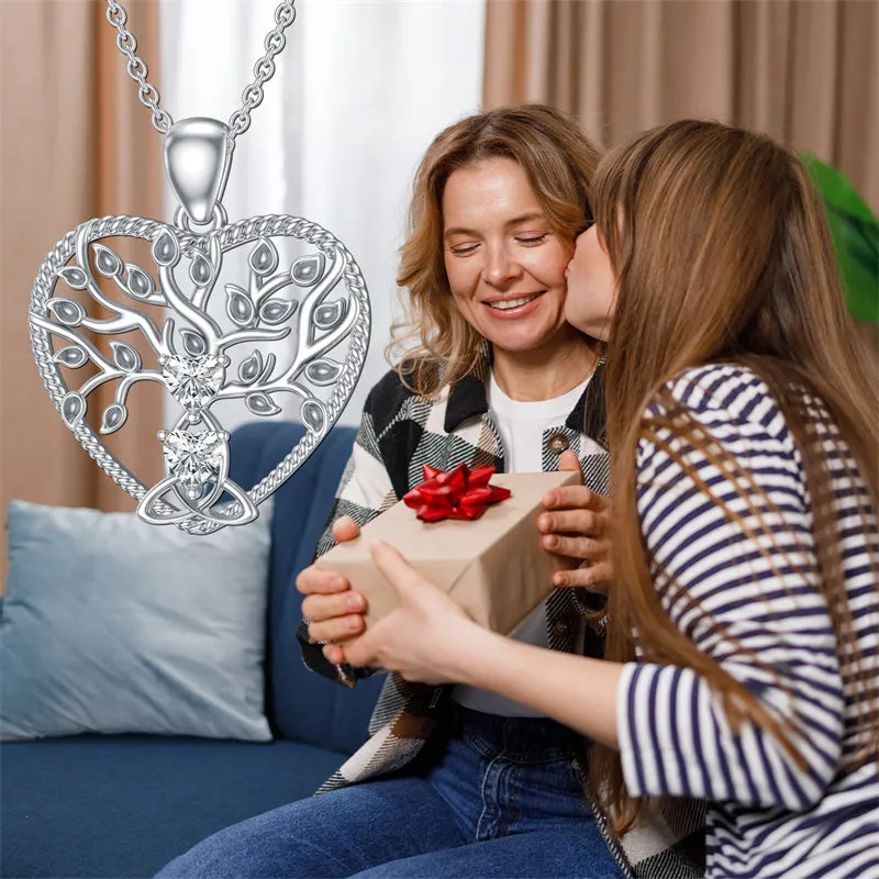 Mother's Day 0.6Ct Heart Shaped Moissanite Tree of Life Necklace 925 Sterling Silver Celtic Knot Motherhood Pendant Necklace