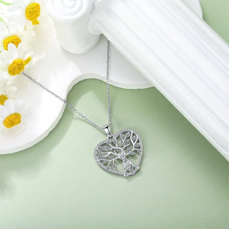 Mother's Day 0.6Ct Heart Shaped Moissanite Tree of Life Necklace 925 Sterling Silver Celtic Knot Motherhood Pendant Necklace