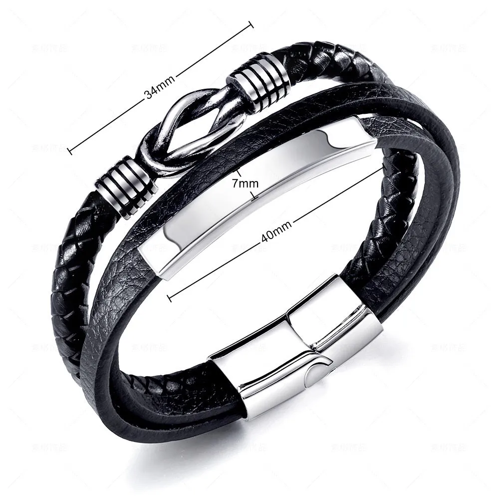 Multilayer Leather Love Knot Bracelet with ID Plate