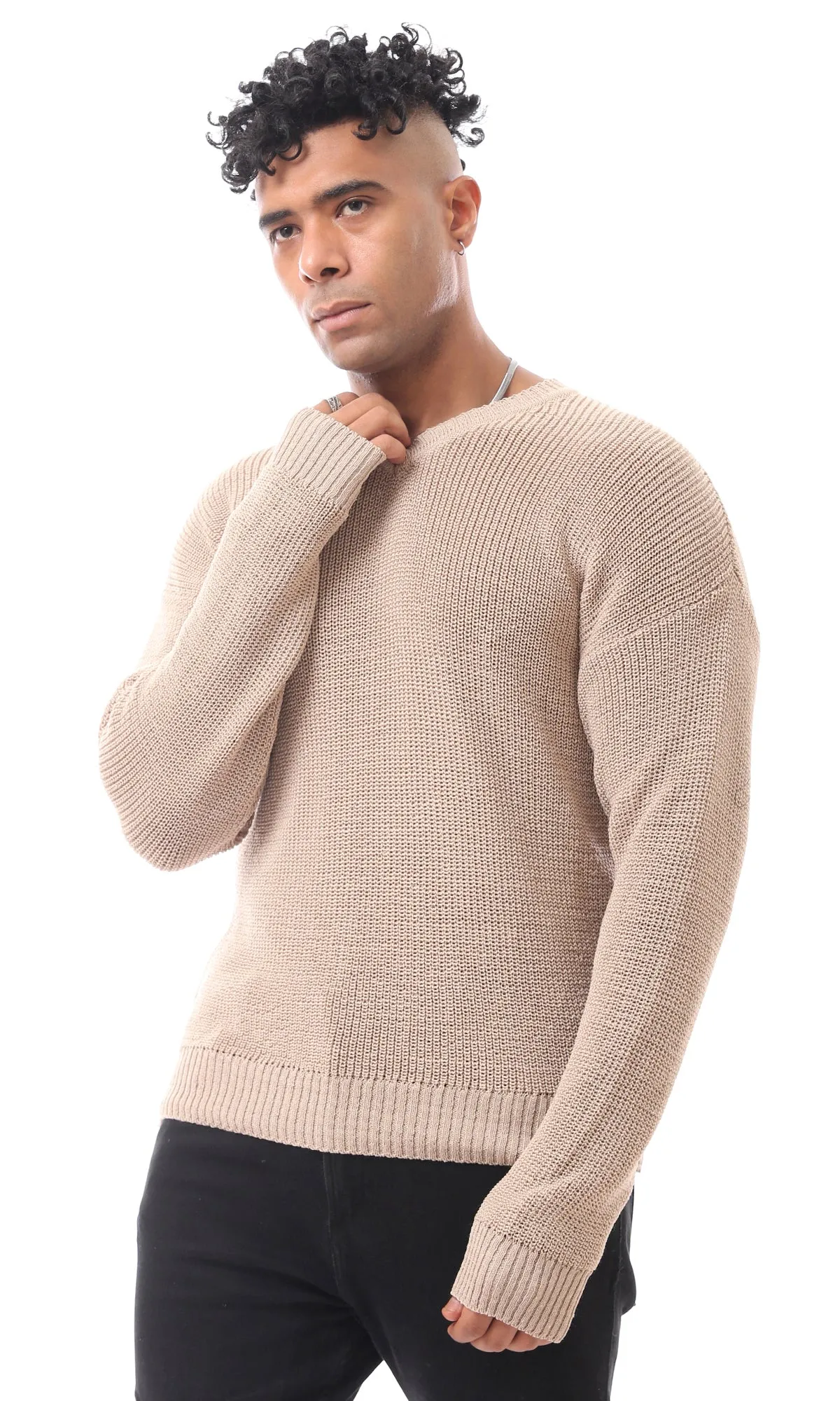 O171146 Light Beige V-Neck Knitted Pullover