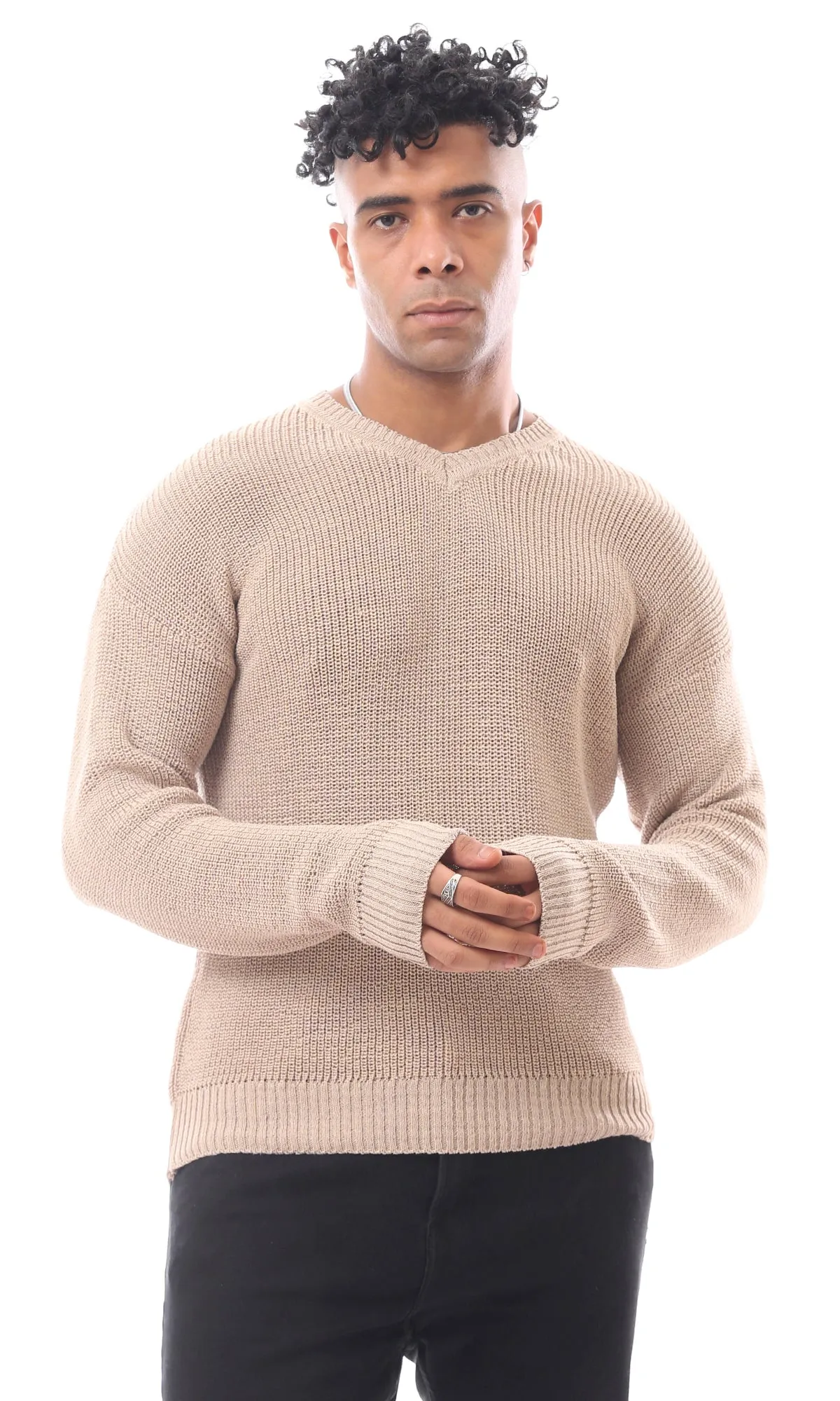 O171146 Light Beige V-Neck Knitted Pullover