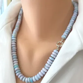 Pinkish Blue Opal Candy Necklace, 20.5or21.5inches, Sterling Silver Marine Closure