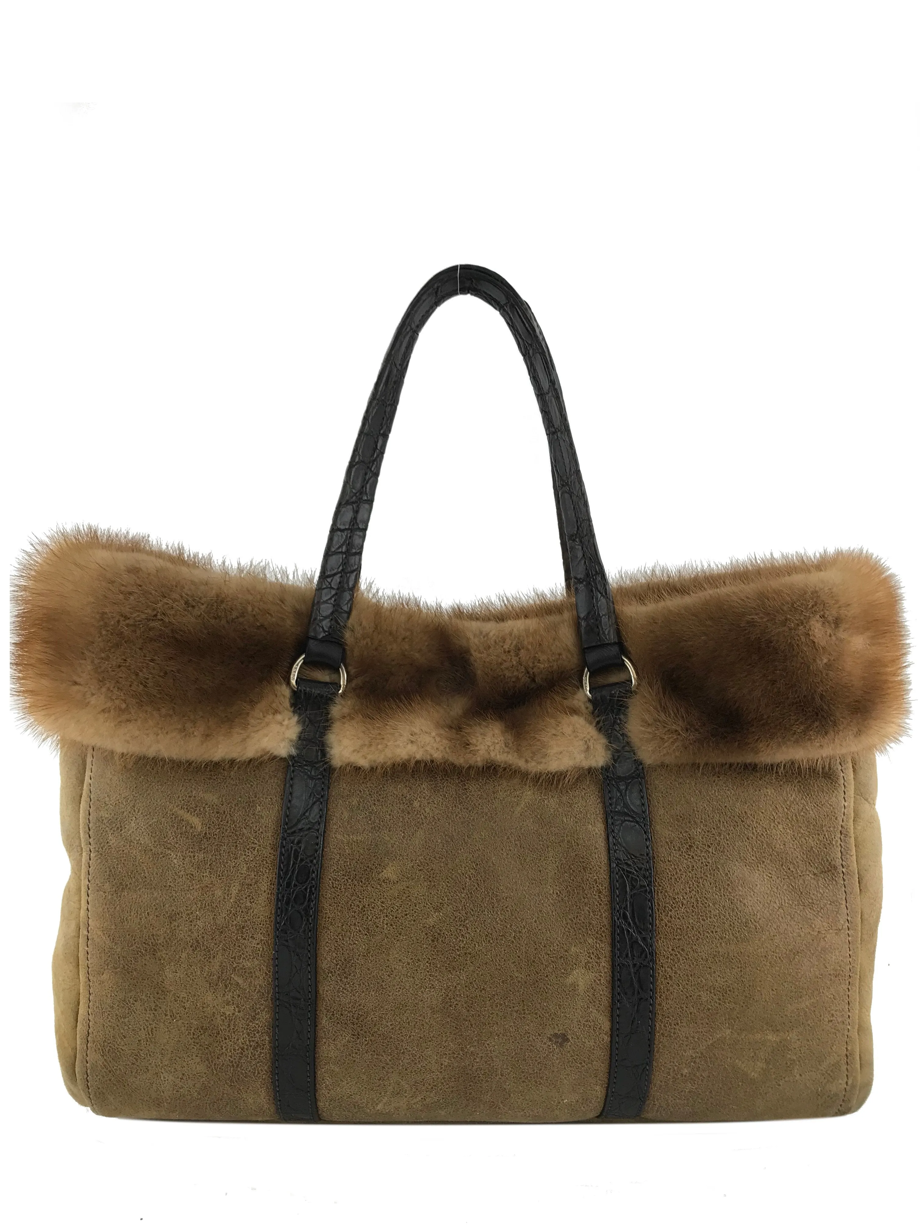 Prada Distressed Leather Mink Fur Shopping Tote Bag