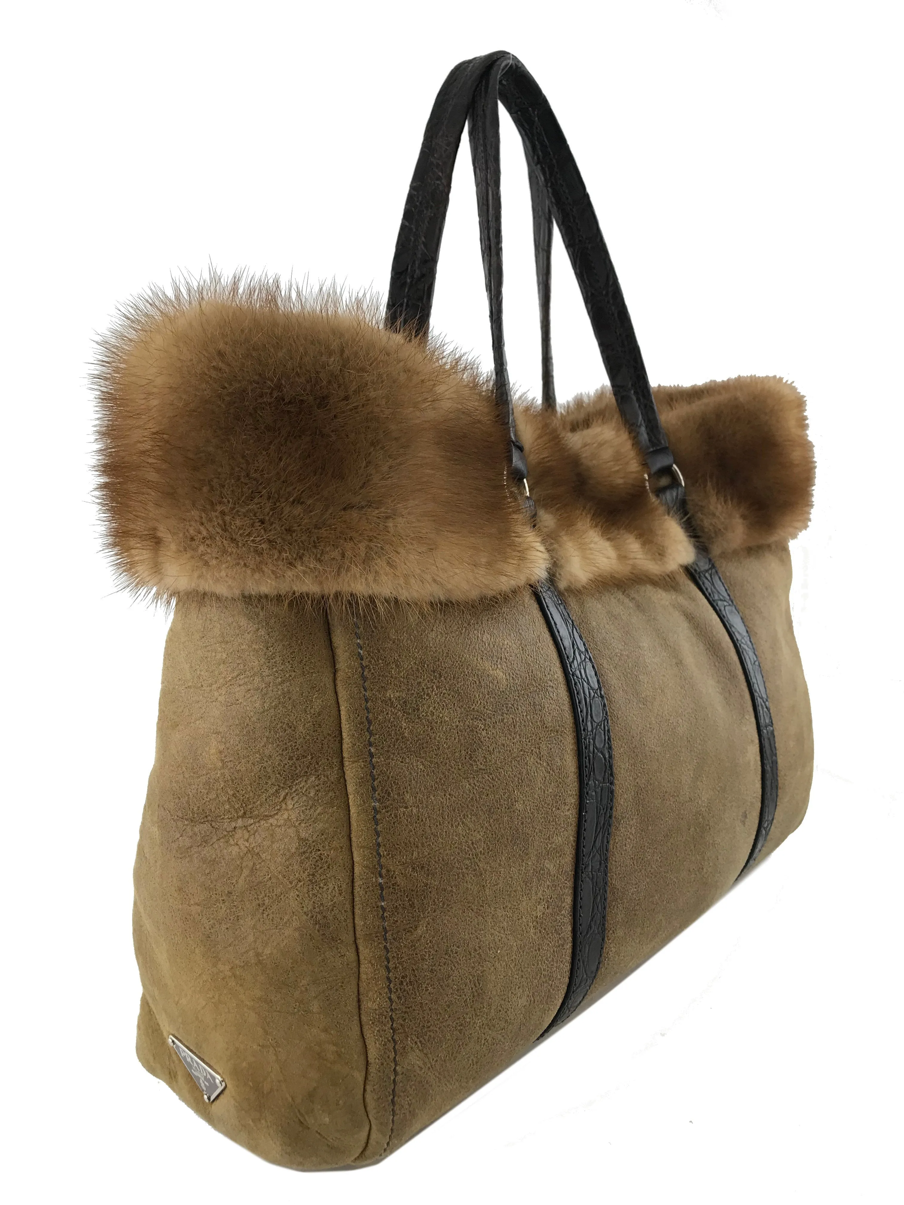 Prada Distressed Leather Mink Fur Shopping Tote Bag