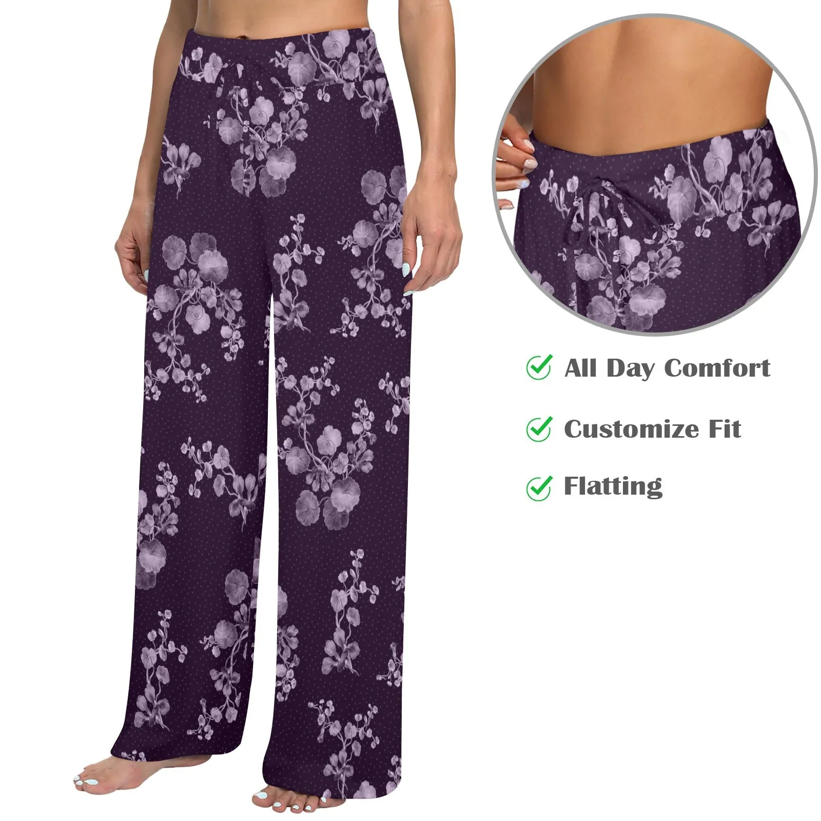 purple floral polka dots print Women's Wide Leg Lounge Pants (Model L77)