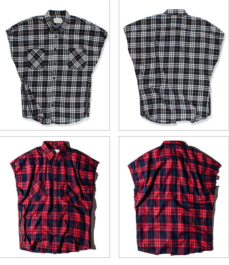 Red check waistcoat zipper shirt for men