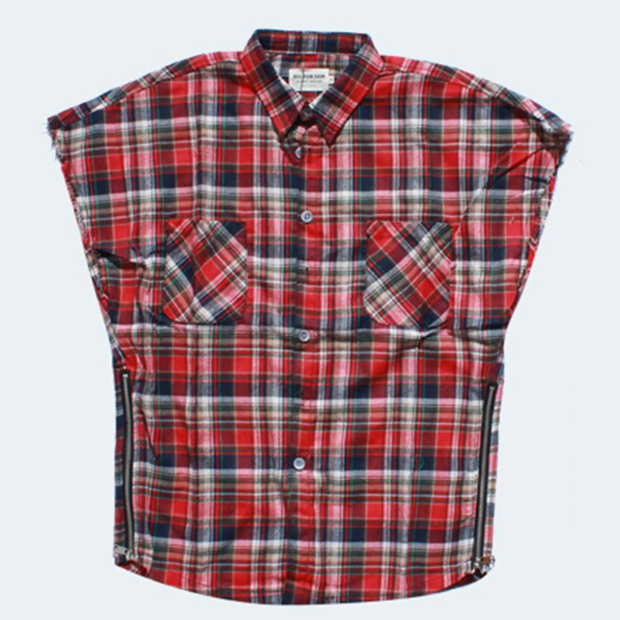 Red check waistcoat zipper shirt for men